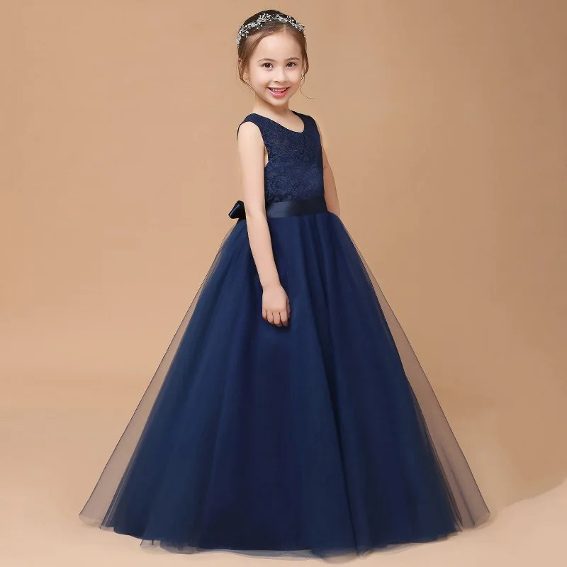 Es Yiiya-vestido de niña de flores personalizado, tul de encaje azul marino, cuello redondo, sin mangas, corte en A, cinturón con cremallera en la espalda, largo hasta el suelo, vestidos para niños