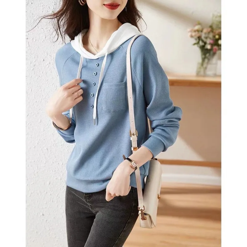 Spring Autumn Women Korean Fashion Contrast Color Patchwork Hooded Sweatshirts Simple Long Sleeve Loose Cotton Pullover Hoodies