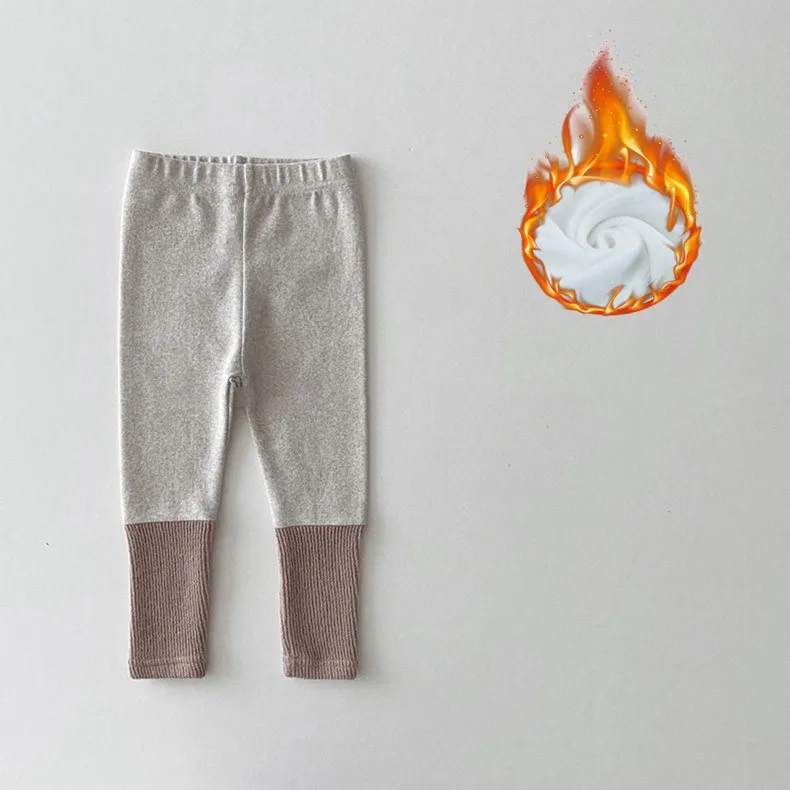 Autumn Winter Boy Girl Children Ribbed Fleece Warm Leggings Baby Cotton Splicing Casual Pants Fashion Infant Plus Velvet Trouser