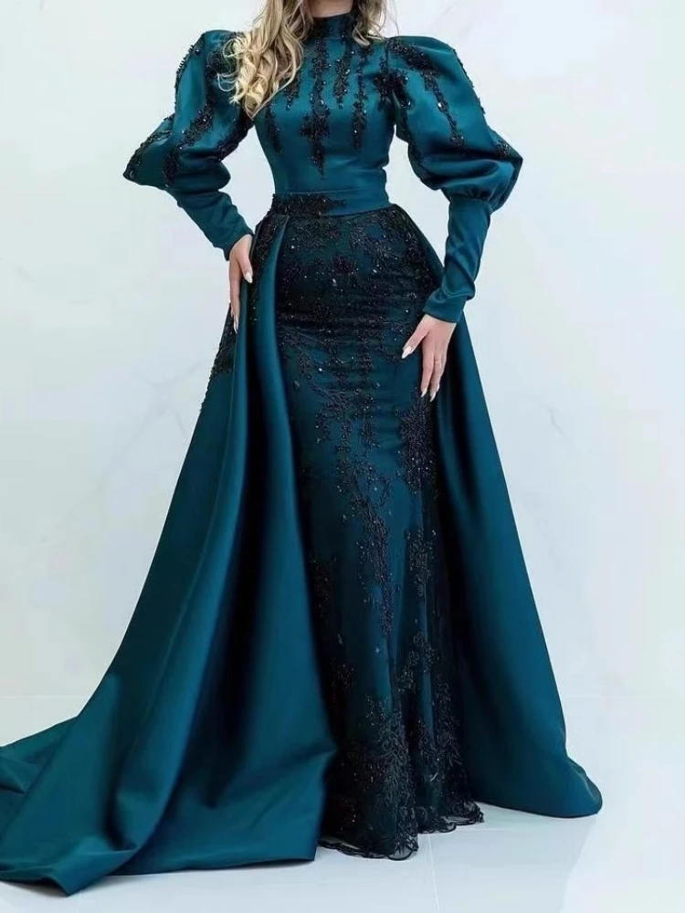 Customized Saudi Arabic Muslim Evening Dresses Long Sleeve High Neck Applique Hunter Women Formal Occasion Wear Wedding Party