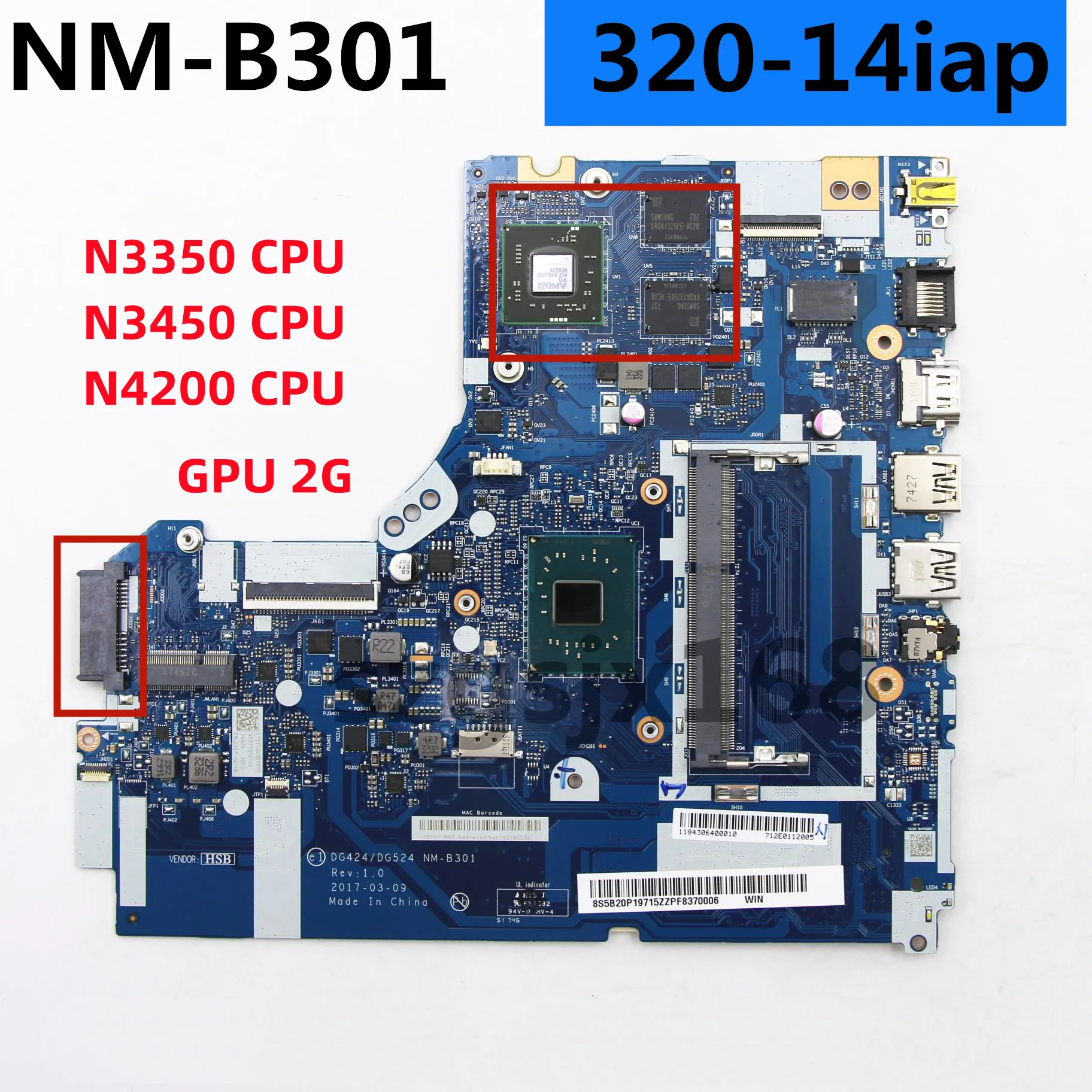 

For Lenovo Ieadpad 320-14IAP Laptop Motherboard DG424 DG524 NM-B301 CPU N3350 N3450 N4200,GPU R17 V2G DDR3 100%TEST