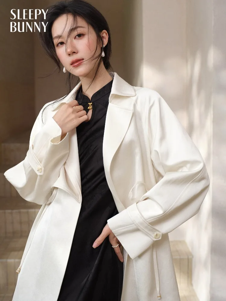Women Petite Commute Tie Waist Trench Large Lapel Satin Coat Versatile Casual Short Jacket Office Daily Date Outfit for Lady