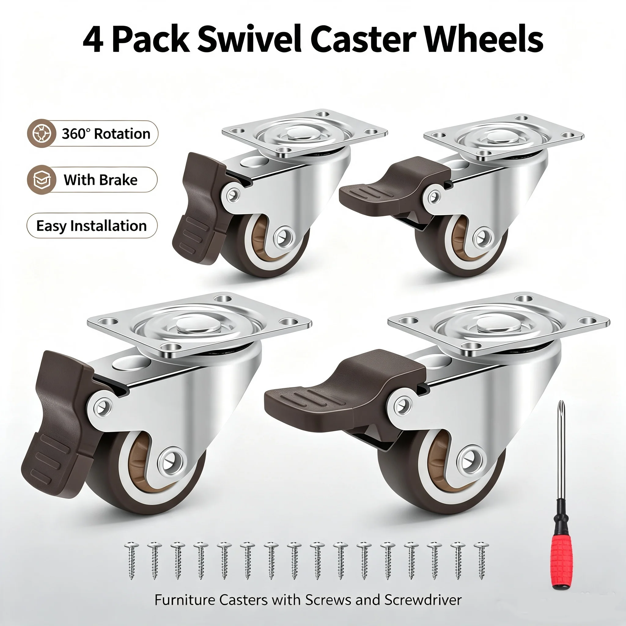 1-2 inch Casters Set of 4 Rubber Small Caster Wheels for Heavy Duty Furniture Cabinets Mini Castors No Noise Smooth Swivel Wheel