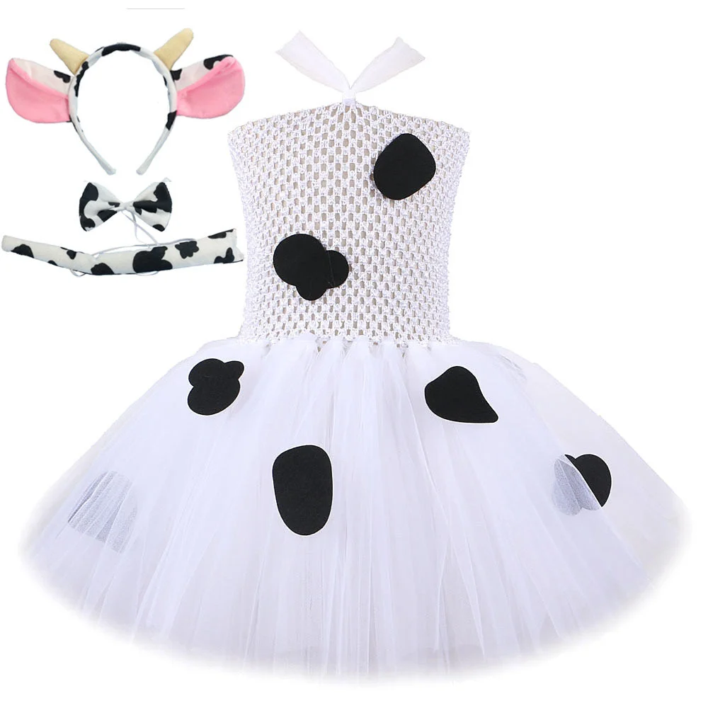 White Milk Cow Tutu Dress for Baby Girls Dairy Cattle Halloween Costumes Kids Birthday Party Outfit Children Animal Clothes Suit