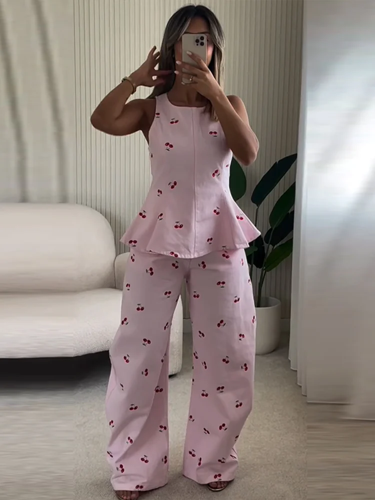 Damen-Hosenanzug 2-teilig Bedruckt O-Ausschnitt Ärmellos Rüschen Slim-Fit Oberteil mit Gebogenen Hosenbeinen Schicke Büro-Damen-Outfits Neu – Detail 20