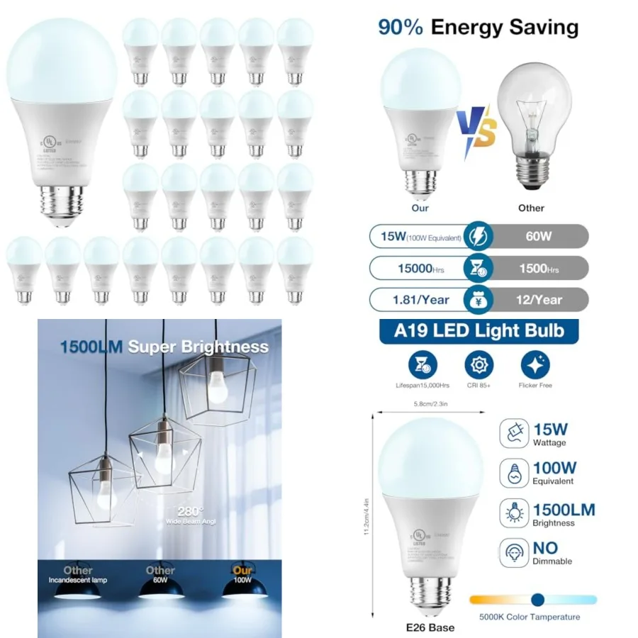 LED Light Bulbs, A19 5000K Daylight Light Bulbs 100 Watt Equivalent, 1500LM Bright White Light Bulbs, E26 Standard Base, Non-Di