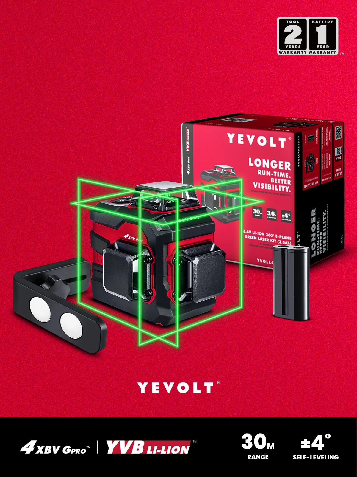 YEVOLT YVGLL4XS12-L 3-Plane Green Laser Level 12-Line Professional High Precision Construction Machine Tools + Magnetic Holder