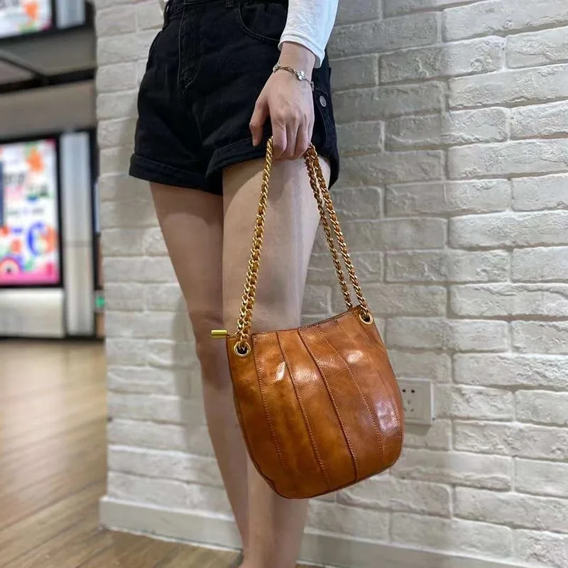 Women Chain Bags Luxury Handbags Top Quality Patchwork Bucket Handbag Female Vegetable Leather Vintage Shoulder Crossbody Bags