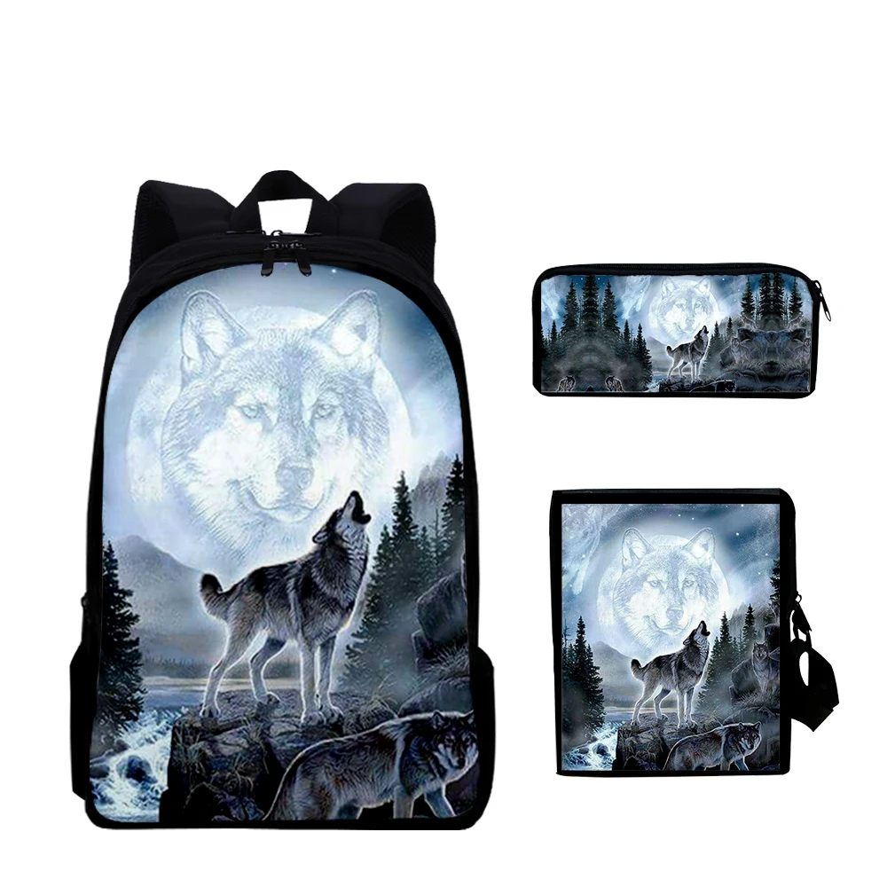 Wolf Moonlight tas sekolah 3 Set, tas punggung ringan untuk remaja laki-laki perempuan, tas sekolah kasual, tas tempat pensil makan siang