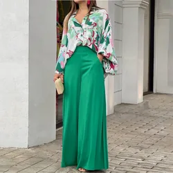 Wide Leg Two Piece Set Women Pant Sets Elegant Shirt Tops Print Floral Loose Casual Single Breasted Long Pants High Waist