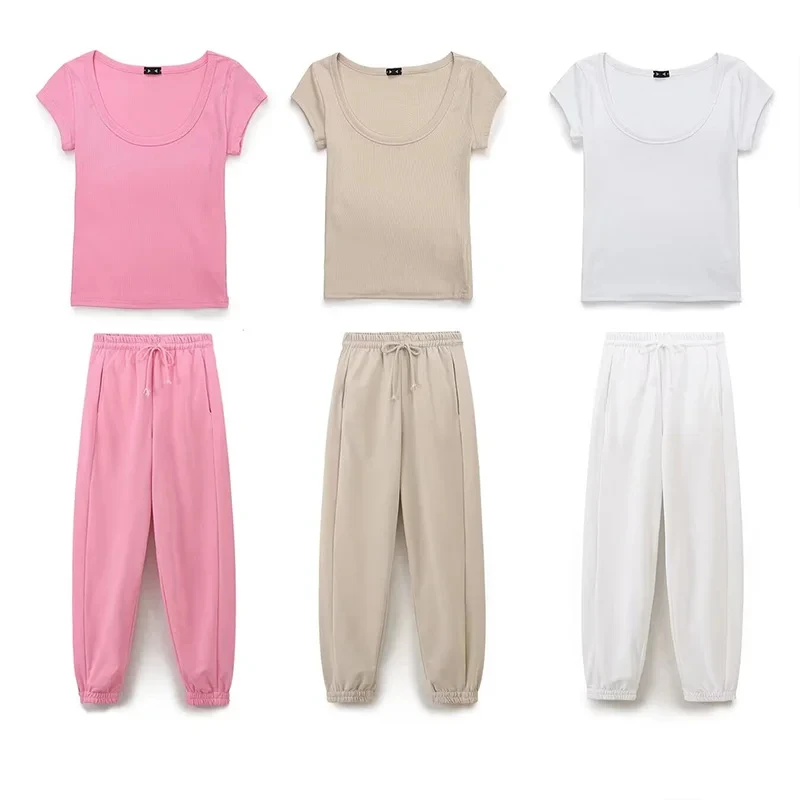 

Женский элегантный костюм, женская спортивная одежда, штаны для бега, футболка с круглым вырезом и коротким рукавом, корейские платья из двух предметов, Новинка лета 2024