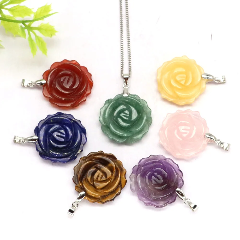 Natural Gemstone Carved Rose Flower Stone Pendant Amethyst Healing Crystal Necklace DIY Jewelry Bead Charm Women Valentine Gift