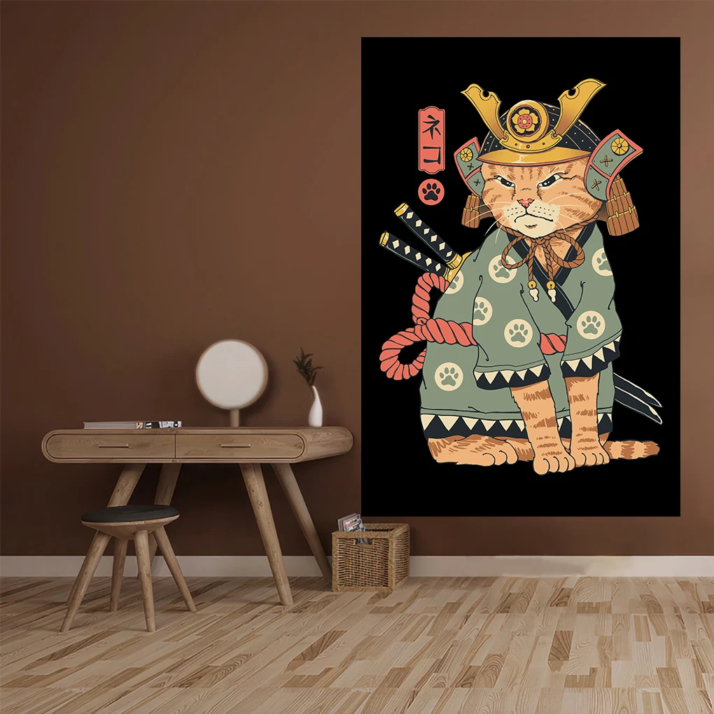 

Japanese Samurai Cat Tapestries Classic Vintage Wall Hanging Rugs Lovely Living Room Or Bedroom Decor