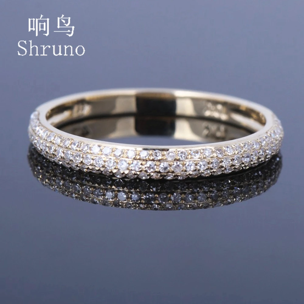 Shruno Solid 14K AU585 Yellow Gold Natural Diamonds Engagement Ring Unique Half Eternity Round Cut Wedding Band Bridal Gift