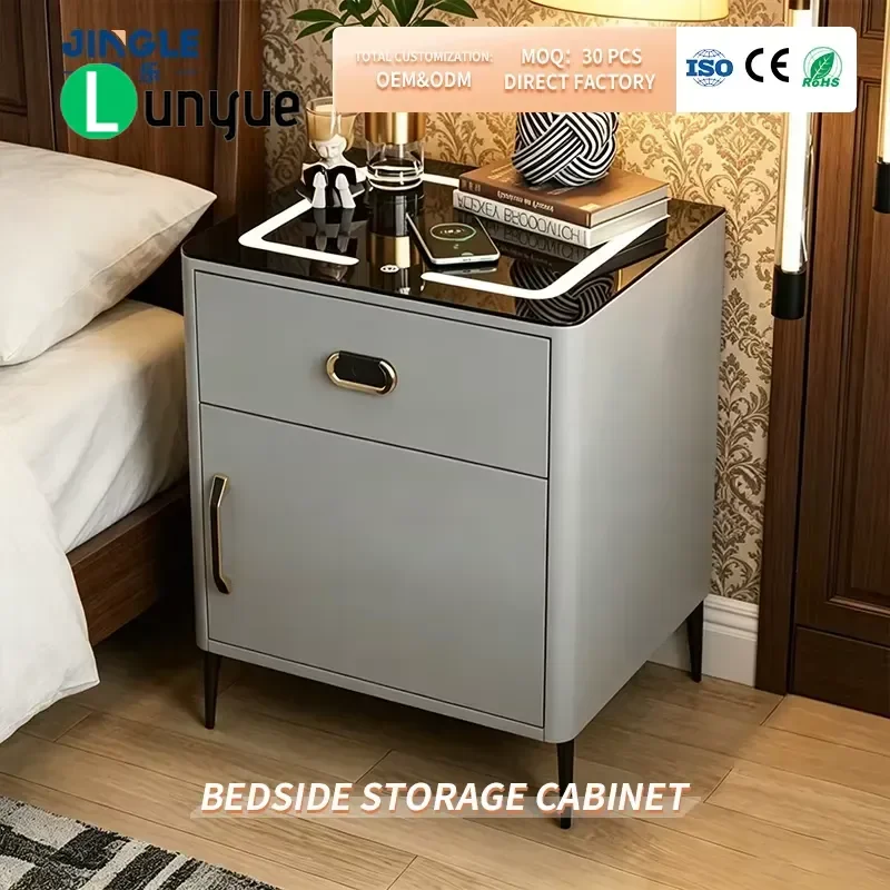 Simple Gray Smart Bedside Table with Wireless Charger Luxury Bedroom Nightstand Storage Locker Modern Furniture for Home