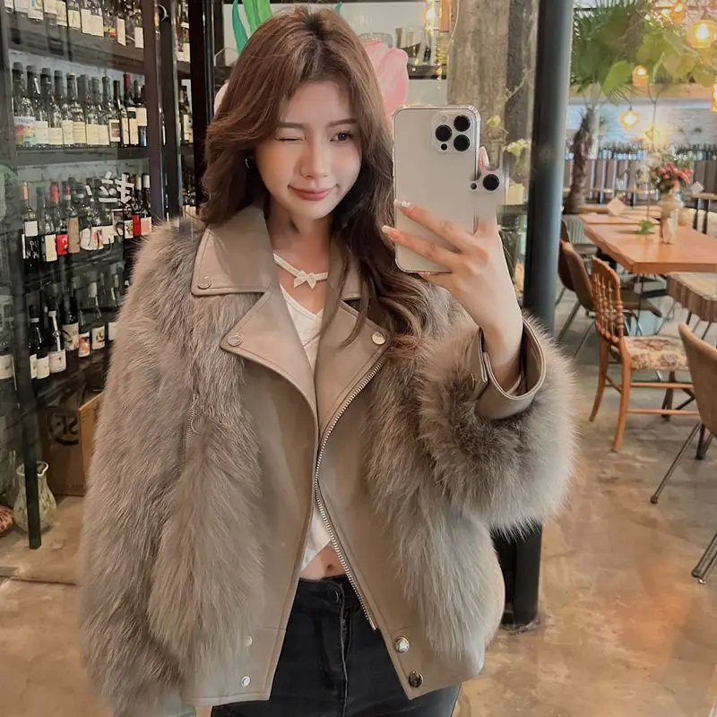 Winter New Fashionable Warm Short Fox Fur Coat And Sheepskin Leather Full Fox Fur Motorcycle Luxury Women'S  Jacket