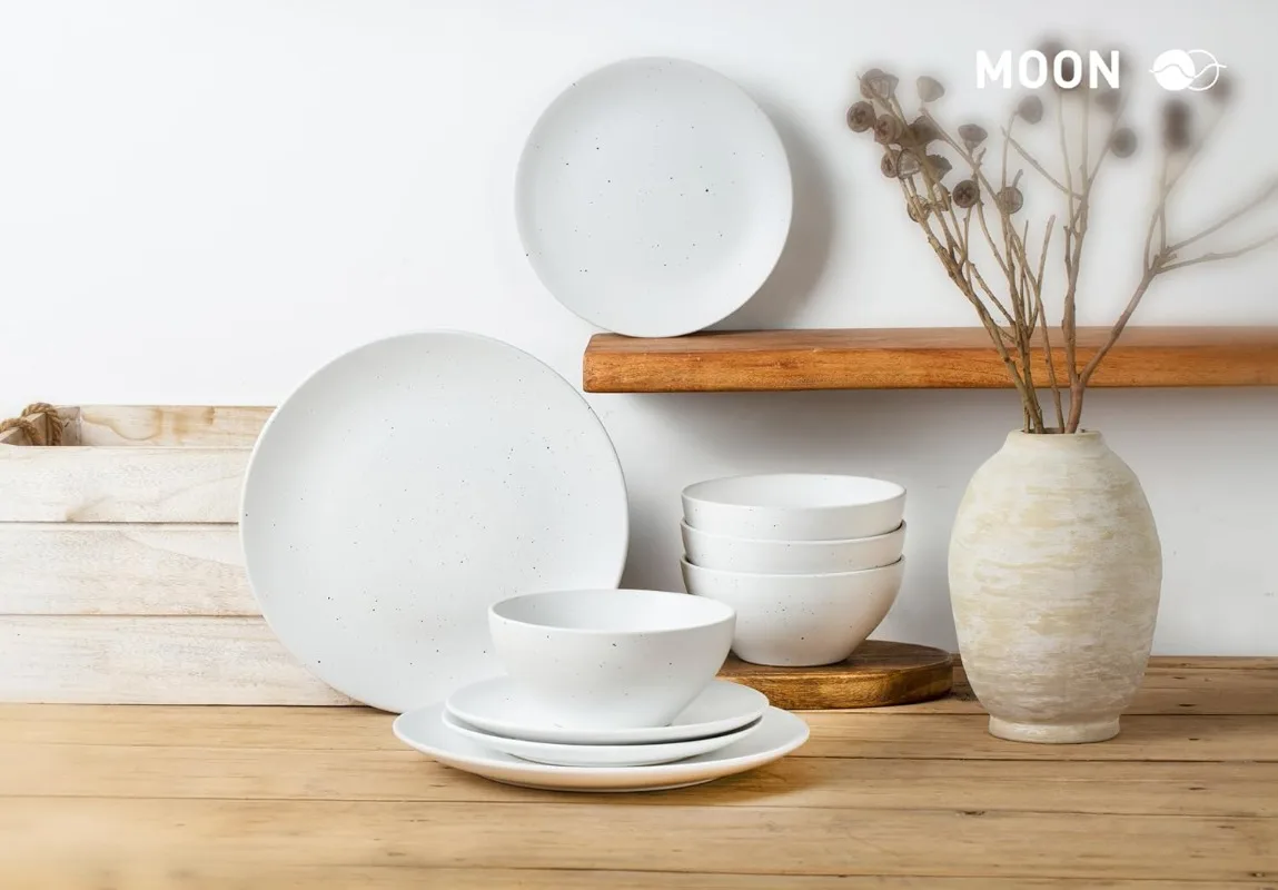 Moon Dinnerware Sets for 4, 12 Piece Stoneware Plates and Bowls Sets with Speckled Design, Matte Dish Set