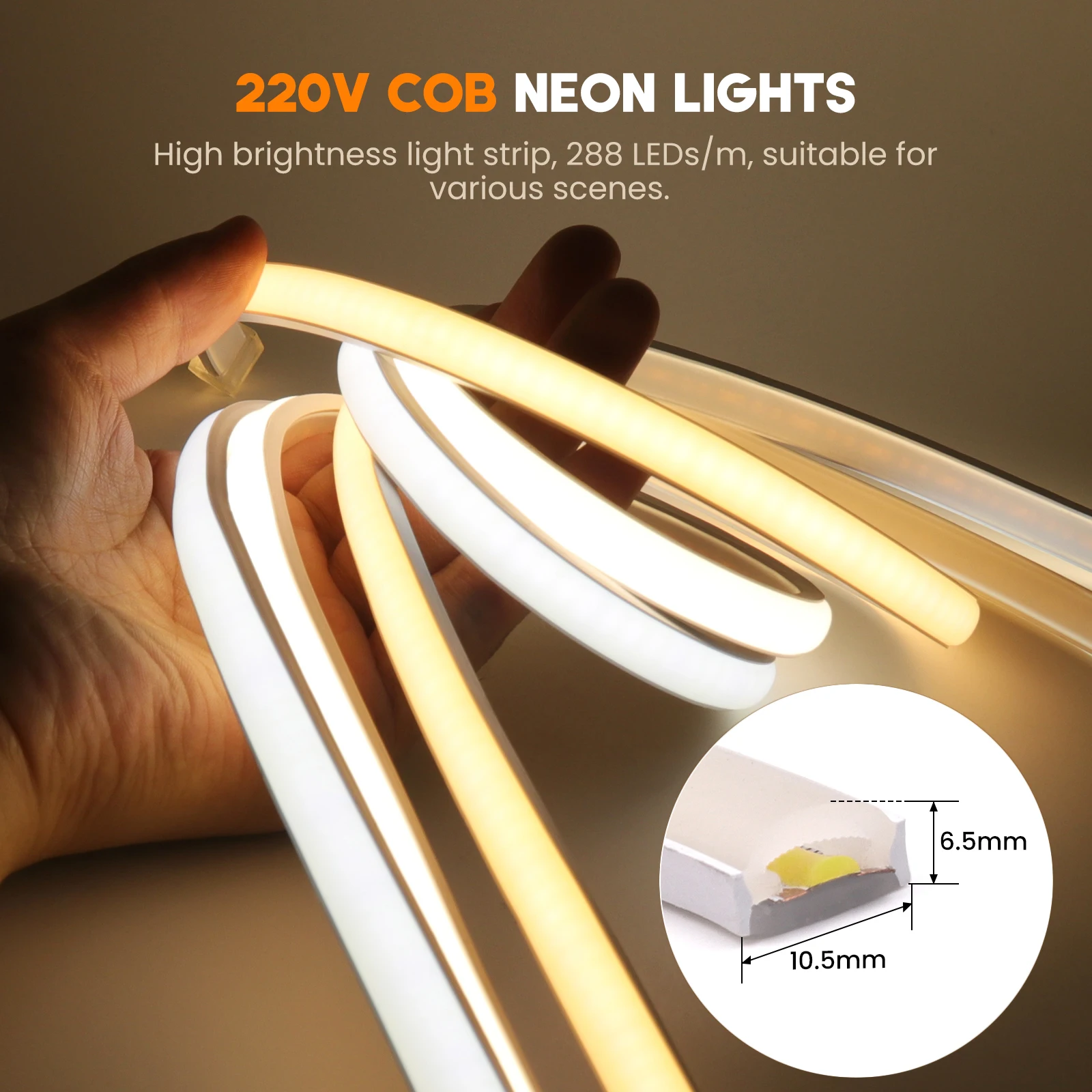 Super Bright COB LED Strip Light 288 LEDs EU UK Plug 220V CRI RA90 Outdoor Lamp Waterproof LED Tape For Bedroom Kitchen Lighting