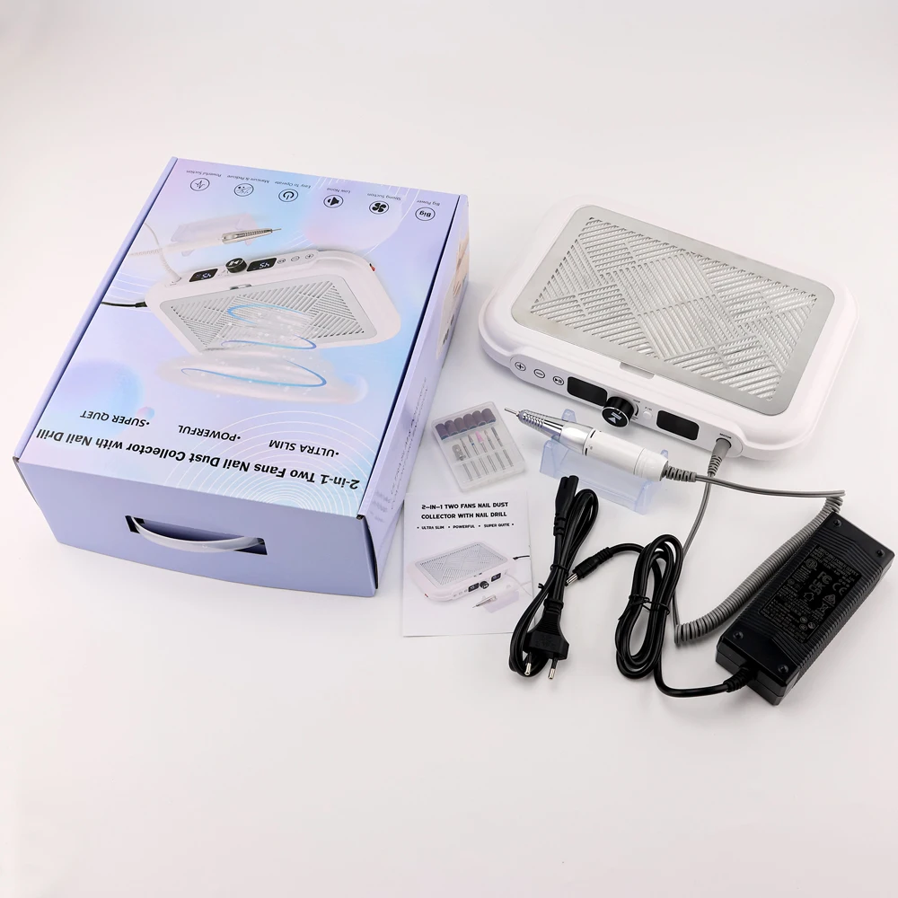 Electric Strong Suction 170W Nail Dust Collector Powerful 2 Fans Vacuum with Nail Drill Handpiece Nail Dust Cleaner Double Fans