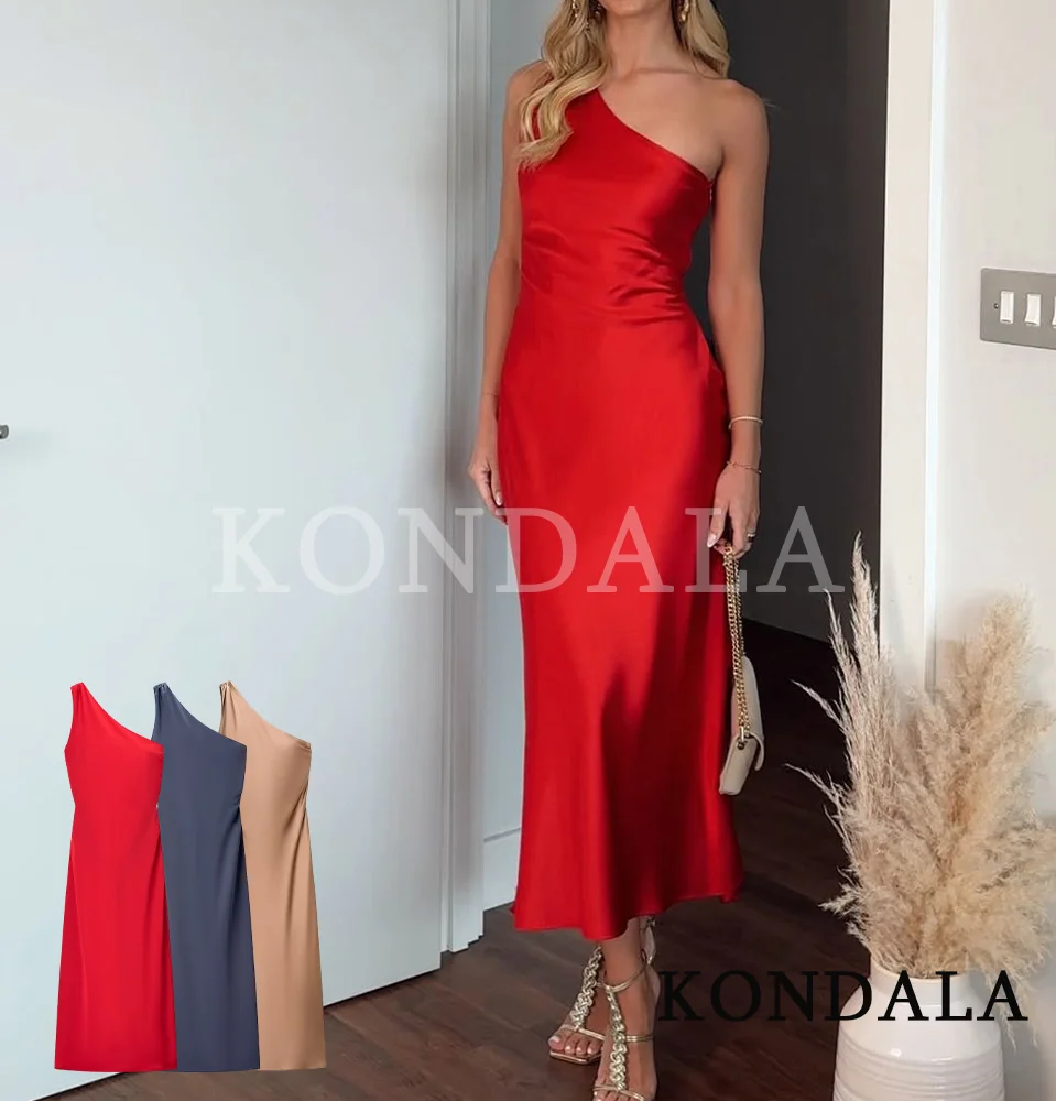 Sukienka satynowa KONDALA na przyjęcie świąteczne, długa, z jednym ramiączkiem, asymetryczna, dopasowana, elegancka sukienka damska na kolację, moda 2025.