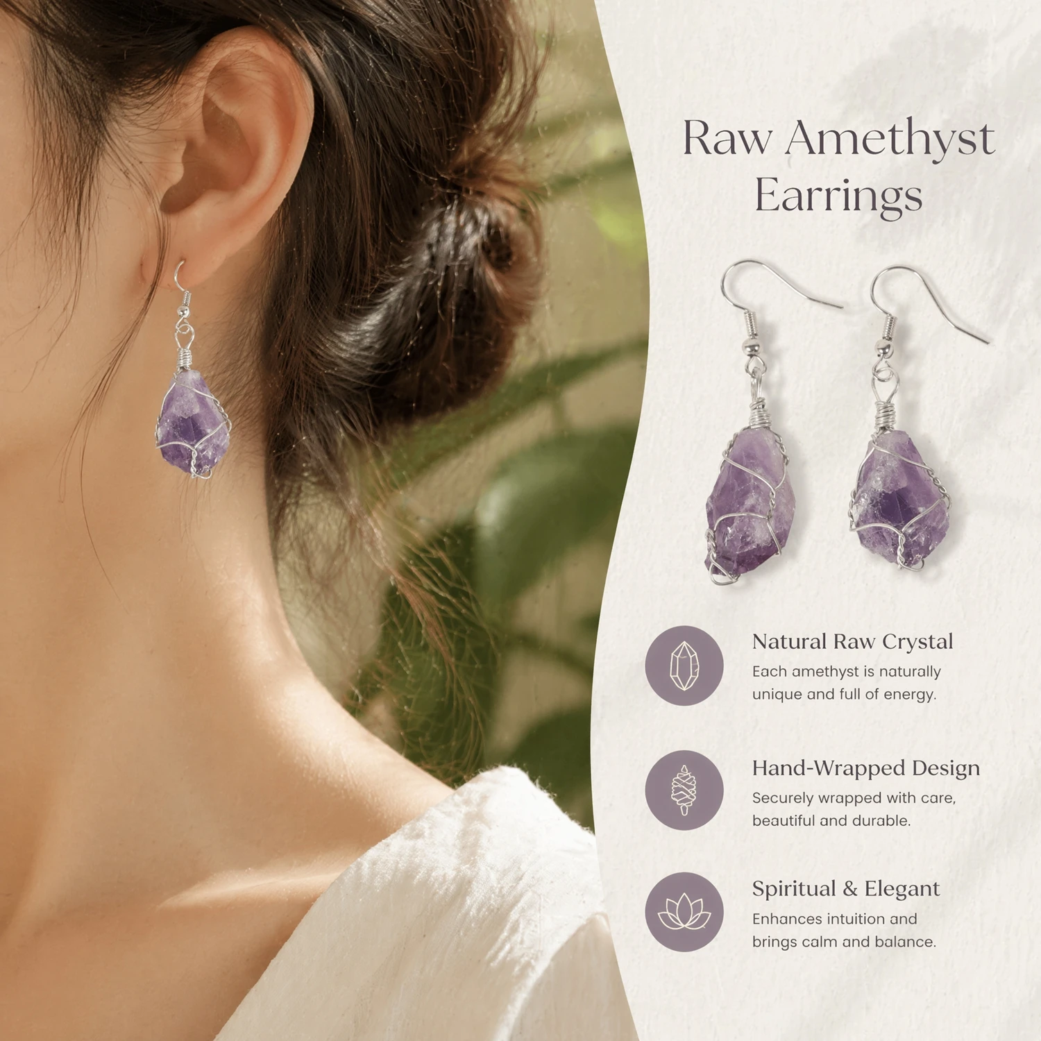 2026 New Natural Amethyst Handmade Wire-Wrapped Earrings Unique Raw Stone Crystal Jewelry Design Holiday Gift First Choice