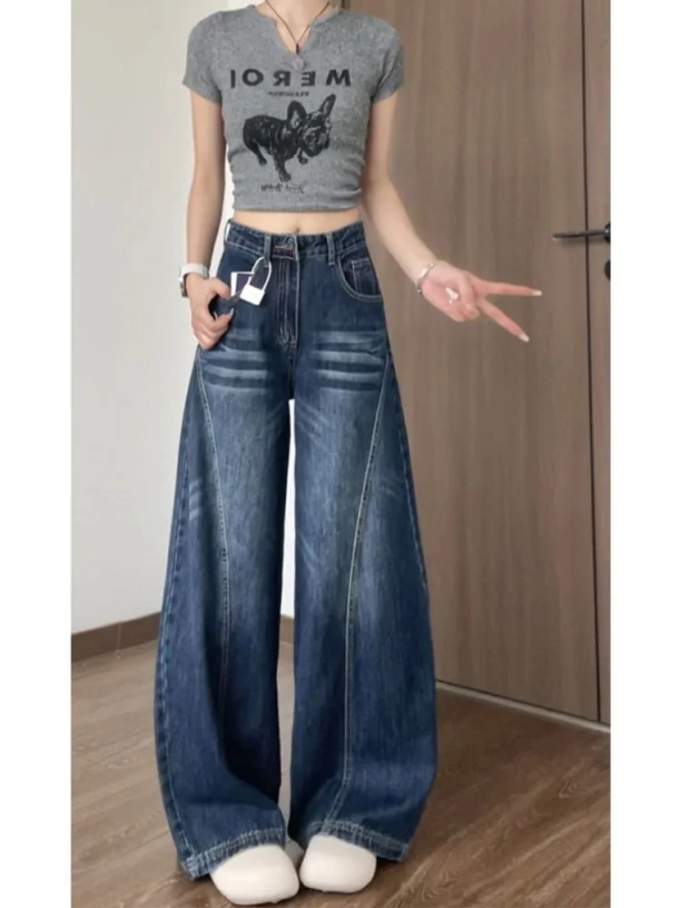 plus Size Vintage American Denim Jeans Women's Loose High Waist Straight Leg Wide Leg Pants for Pear aped Body Autumn Wear
