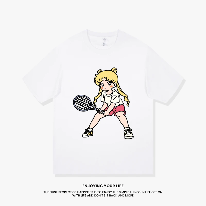 

Plus Size 2025 Fashion Cute Tennis Beauty Girl Print Short-sleeved T-shirt Pure Cotton Loose Versatile Summer T-shirt
