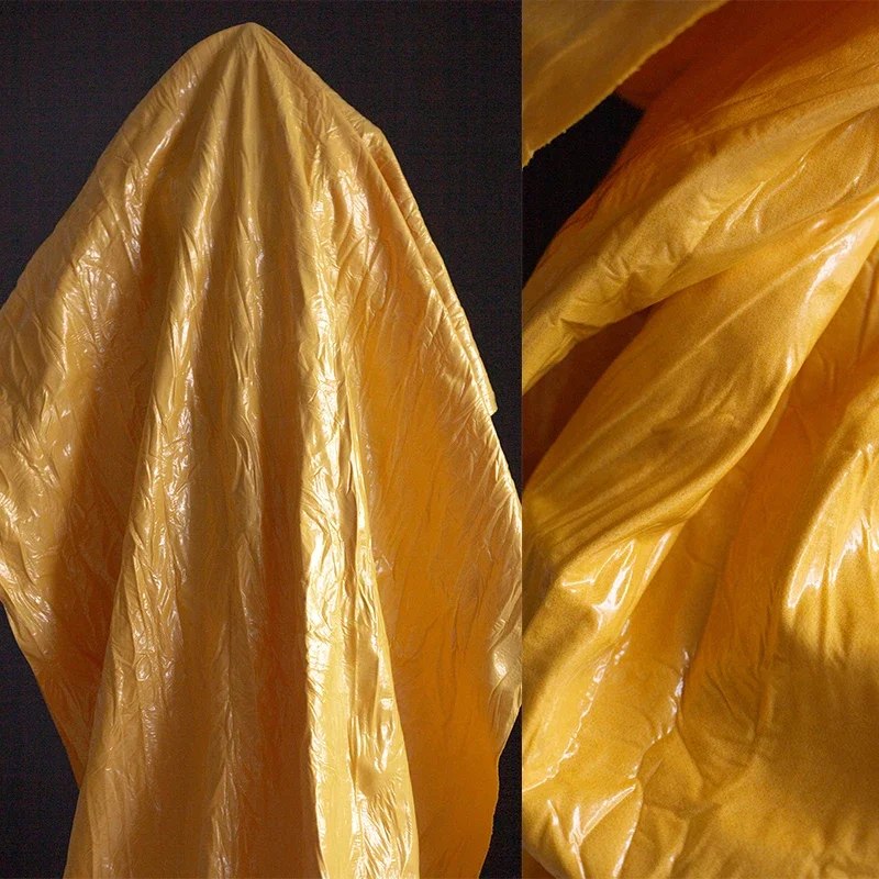 

Yellow Shiny Leather Composite Waterproof PU Fabric Pleated Decorative Jacket Wholesale Cloth By The Meter for Diy Sewing