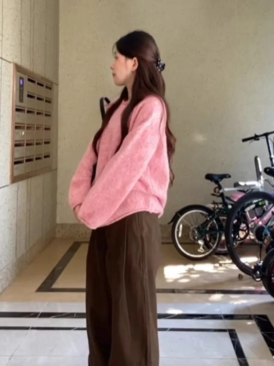 Pull rond rose Ne pour femme, ample, paresseux, haut tricoté, haut de gamme, automne hiver, décontracté, confortable