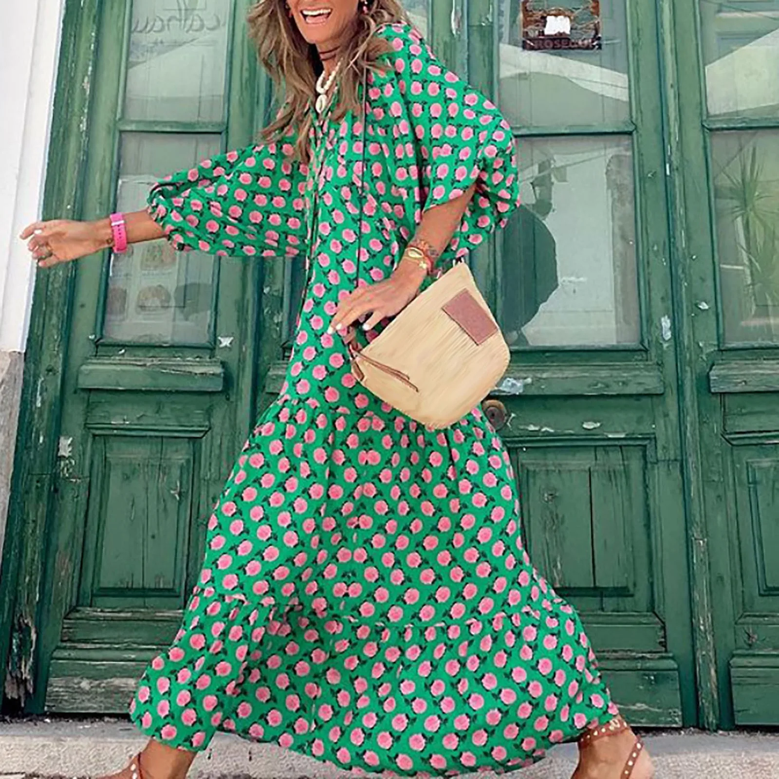 Vestido maxi de manga folhada feminino, saia floral com cordão, decote v, solto, feriado, festa na praia, elegante, verão, 2024