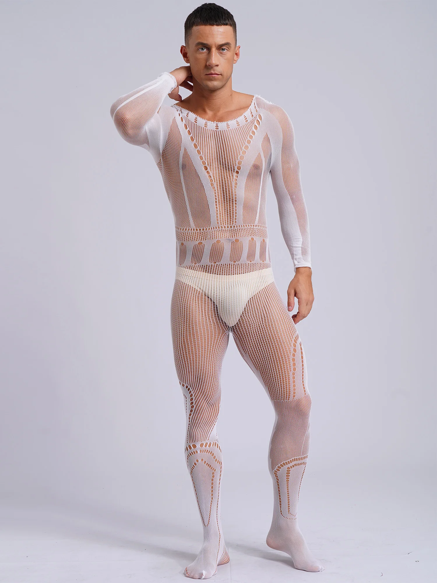 Mens Fishnet Bodystocking Jumpsuit Sexy See-through Hollow Out Long Sleeve Bodysuit Sissy Lingerie Sleepwear Night Club Wear