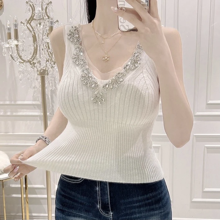Dongda Gate New Style Women\'s Knitted Diamond Embellished V-Neck Slim Fit Tank Top Sexy Show Body Commute Style Polyester Blend