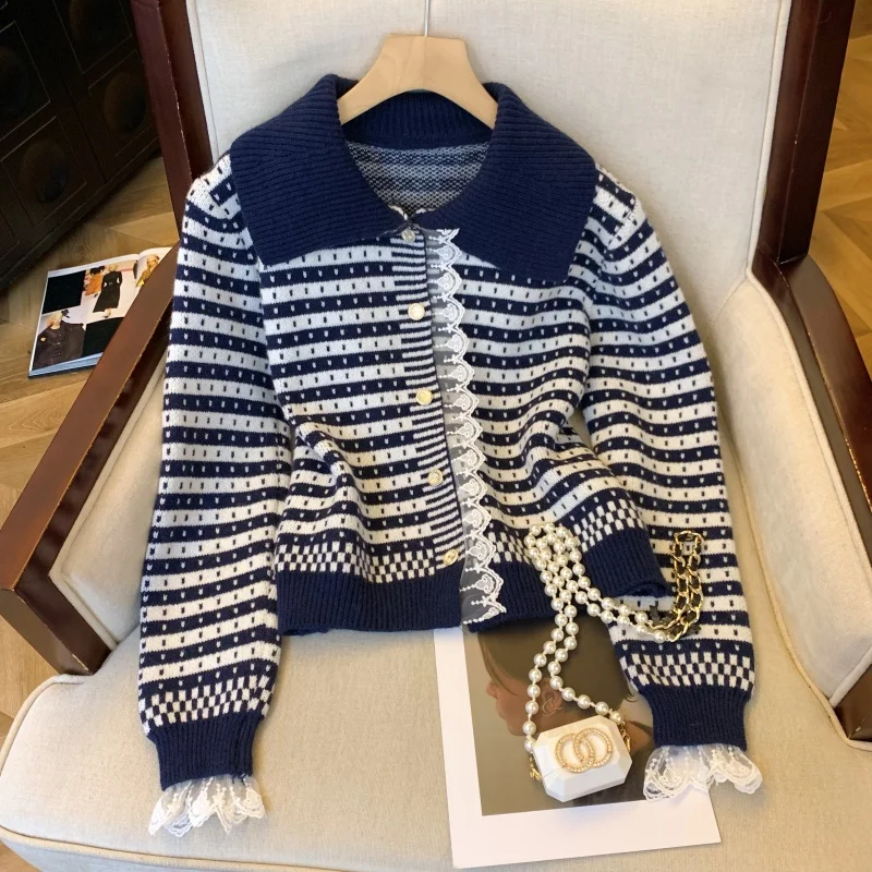 

Vintage Striped Knitted Cardigan Women Patchwork Cropped Sweater Outerwears Korean Lace Knitwears Autumn Winter Jumpers F299