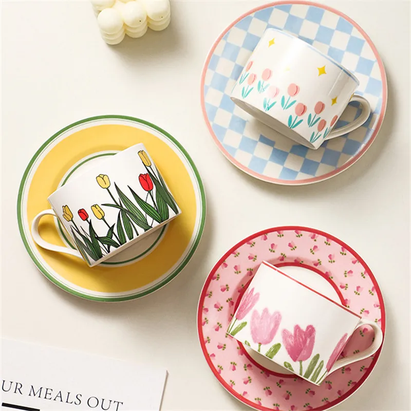 Nordic INS Coffee Cups And Saucers Creative Ceramic Underglaze Colour Hand Painted Mugs Vintage Afternoon Tea Handle Drinkware