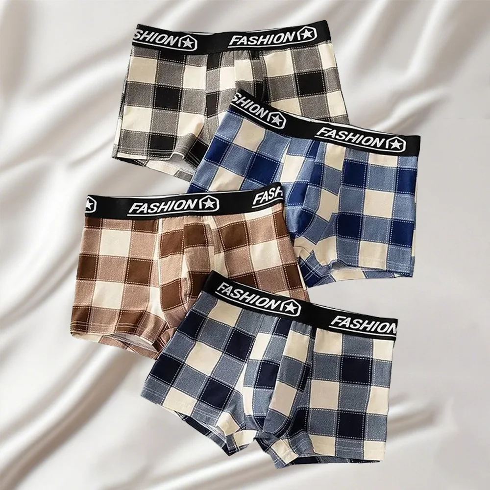 

4Pcs Men's Fashion Plaid Boxer Briefs Mid Waist Breathable Soft Comfort Underwear