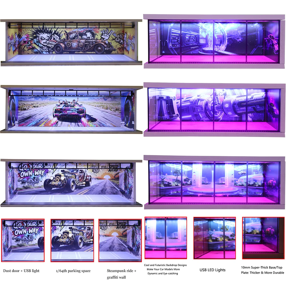 1:64 Auto Garage Diorama Modellen Auto Display Box Usb LED Verlichting Gesimuleerde Garage Miniaturen Parkeerplaatsen Scène voor Verzameldoos