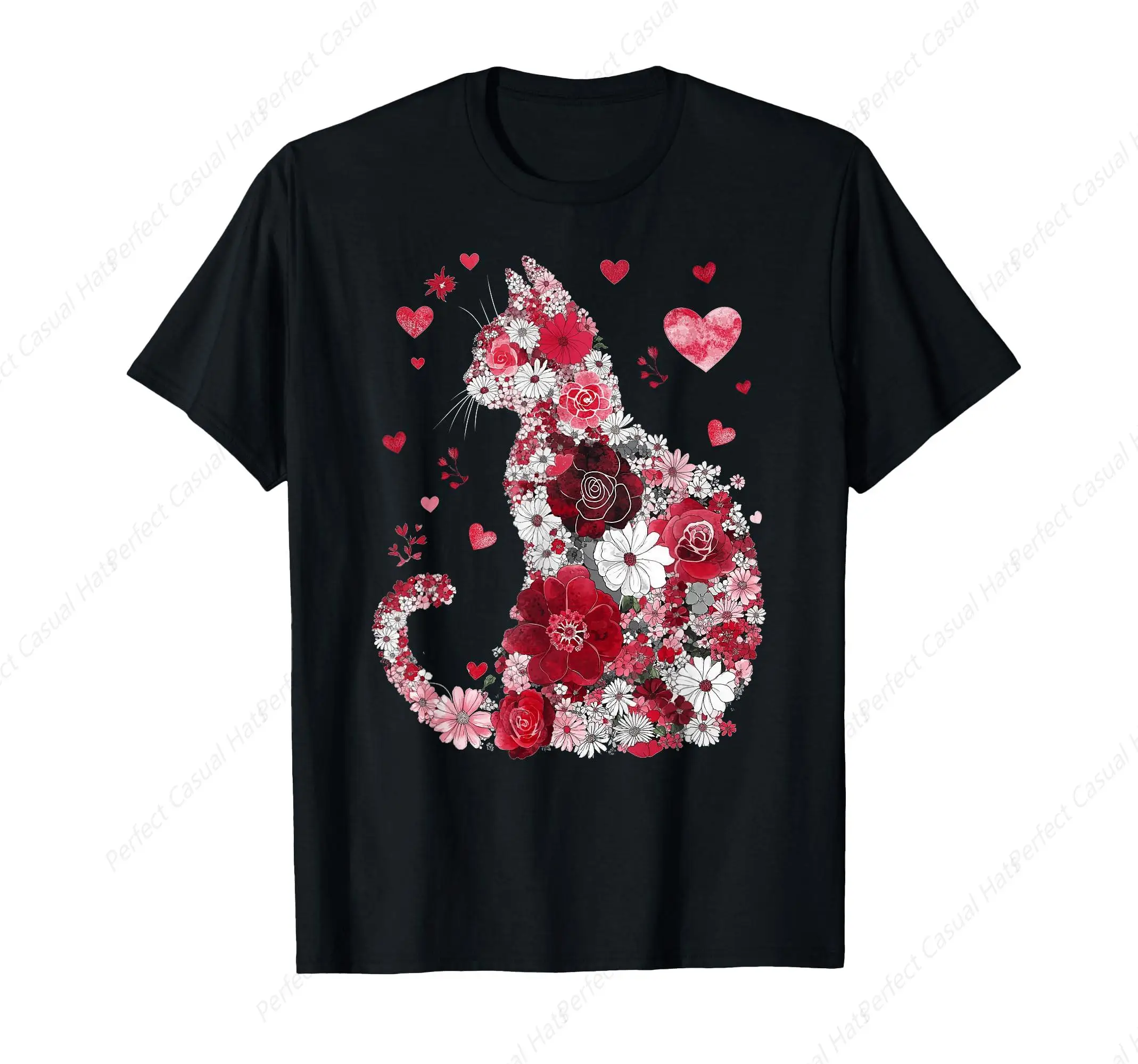 

High Quality Valentines Day Lover Gift Cotton T-Shirt Art Design Flower Cat Printing Short Sleeve