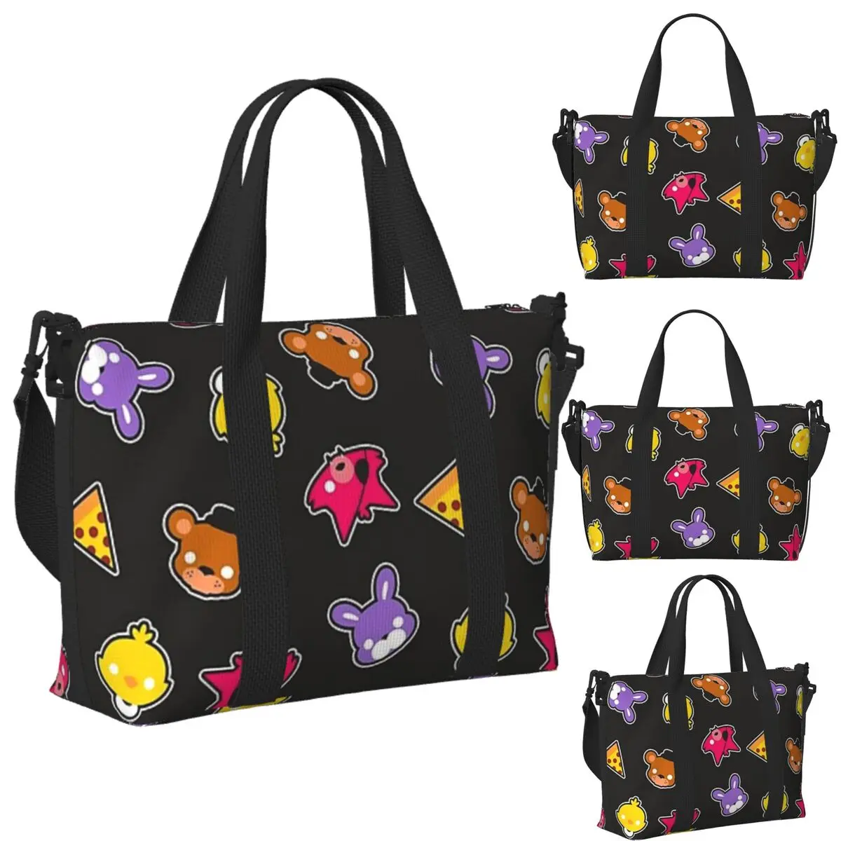 

Custom F-FNAF Freddy's Faces Beach Travel Bag Large Capacity Tote Bags for Gym Yoga Women Shopping Duffle Shoulder Bag