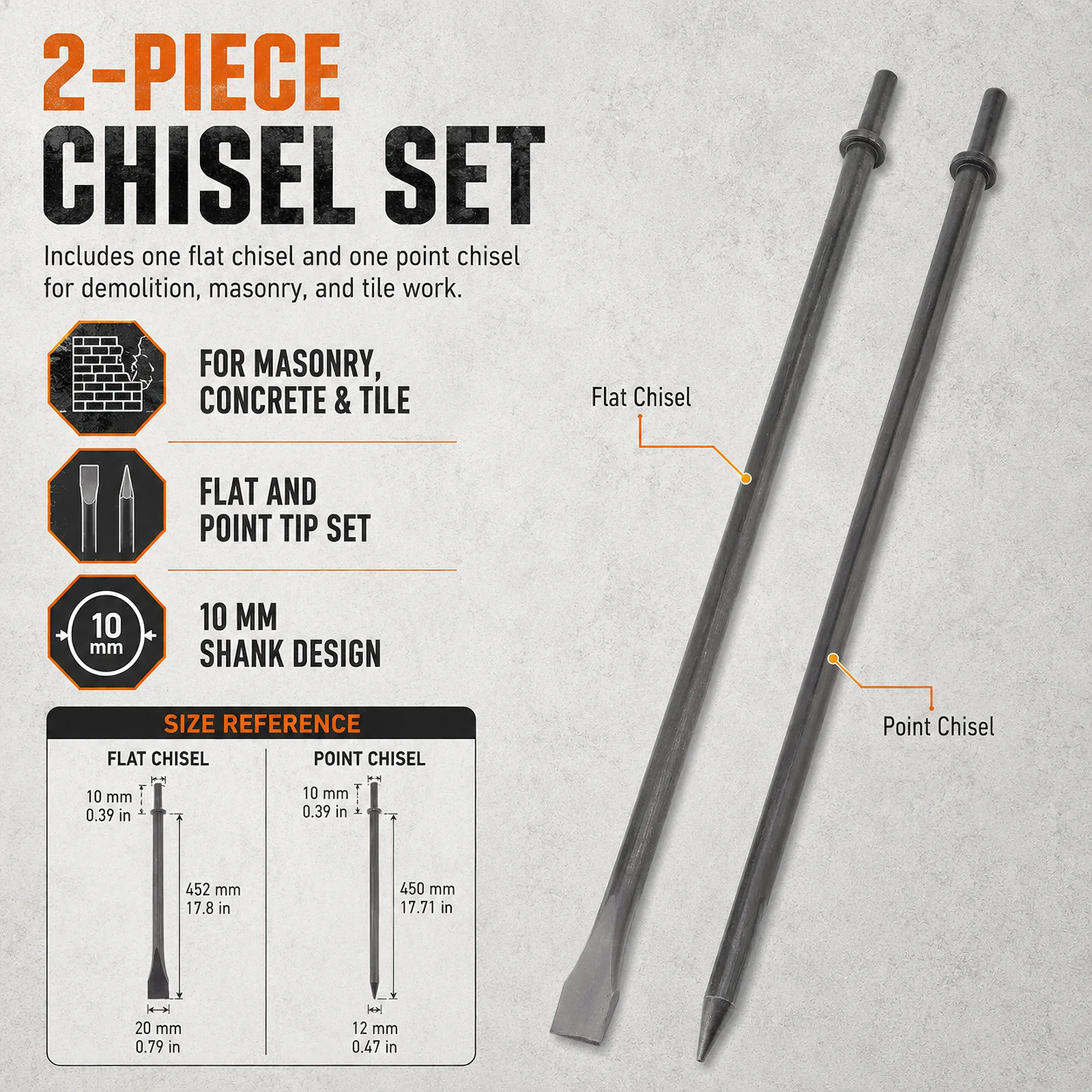 2 pcs 18 in or 13.58 in 0.39 in Shank Chisel Bit Sets for Masonry / Concrete Demolition, Air Chipping Alloy Steel Punch