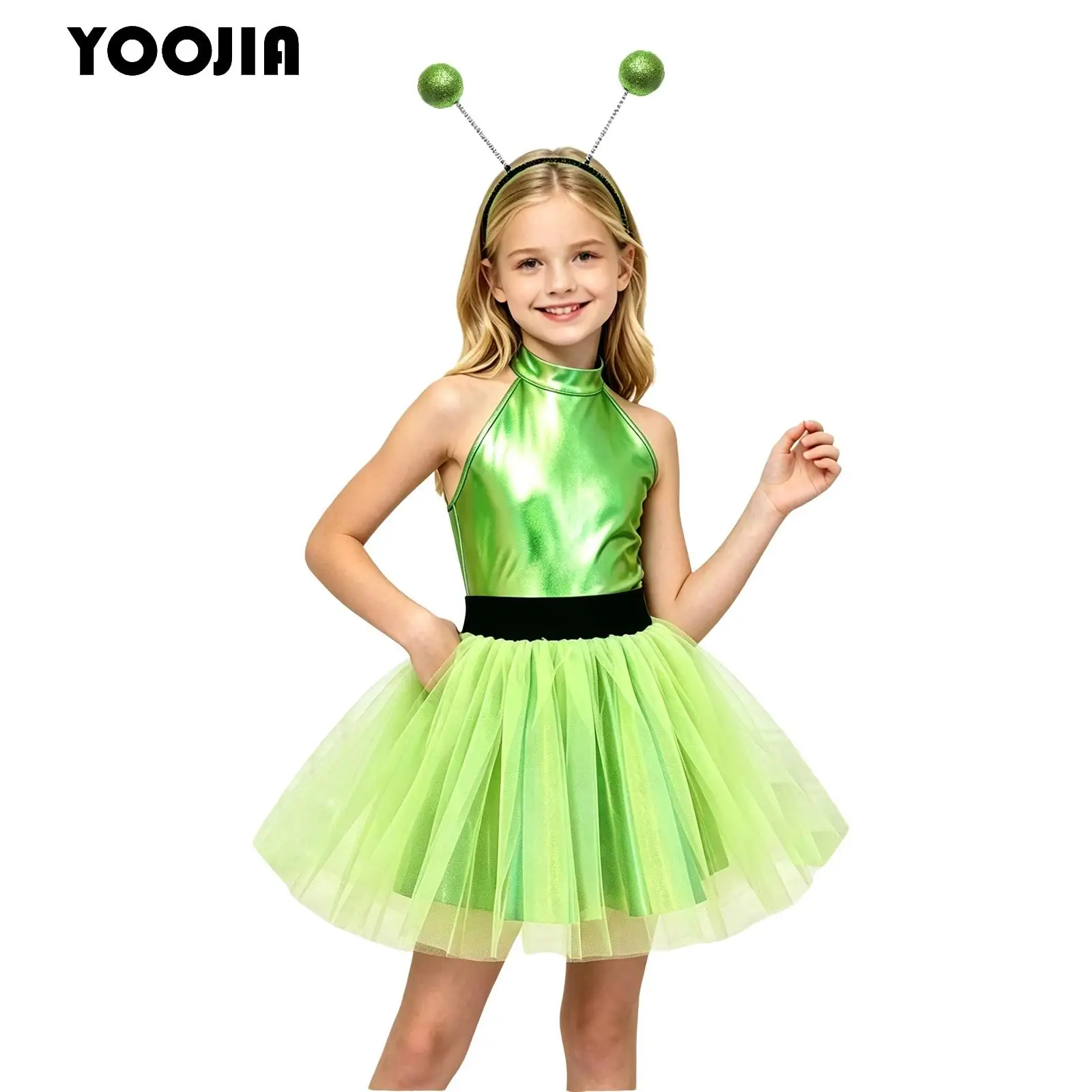 Girls Metallic Alien Tutu Dress Halter Sleeveless Tulle Shiny A-line Dress And Hair Hoop Halloween Space Astronaut Robot Costume