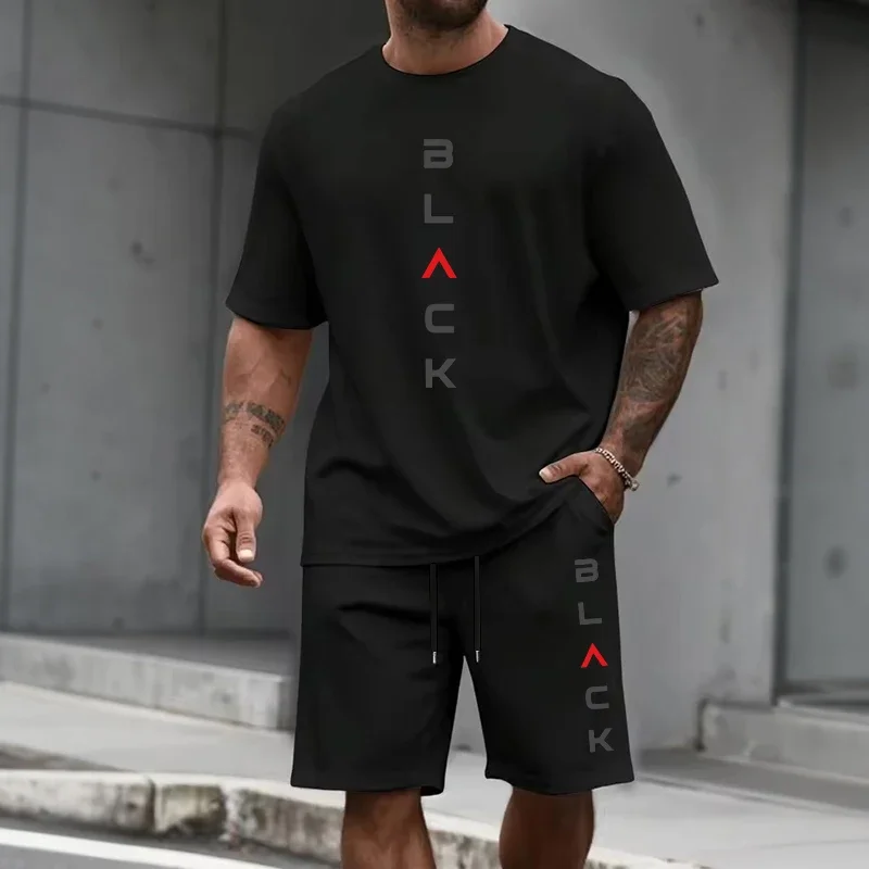 

Black Letter Print T-shirt and Shorts Men's Tracksuit Summer Daily Casual Sports Short Sleeve Outfit Male Urban Fashion 2pcs Set