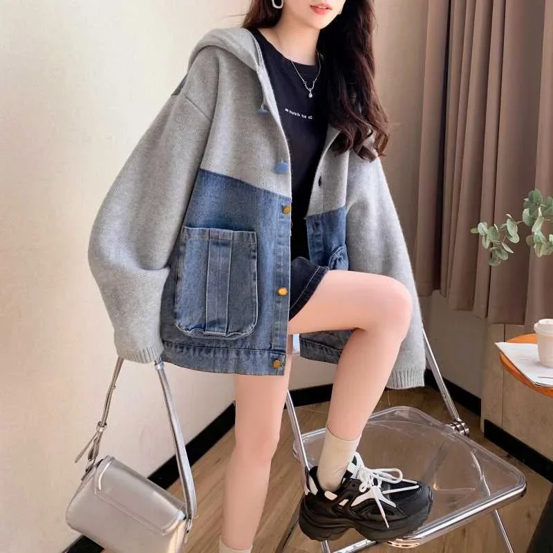 SuperAen 2024 Autumn and Winter New Women's Hooded Denim Patchwork Knitting Cardigan Korean Style Loose Oversize Sweater Coats