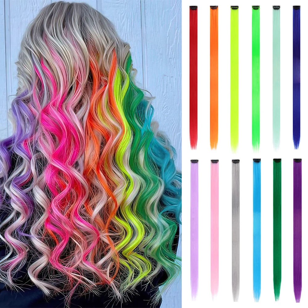 22 inches12pcs/pack Colored Party Synthetic Clip in Hair Extensions for Girls Multi-colors Straight Hair Synthetic Hairpieces