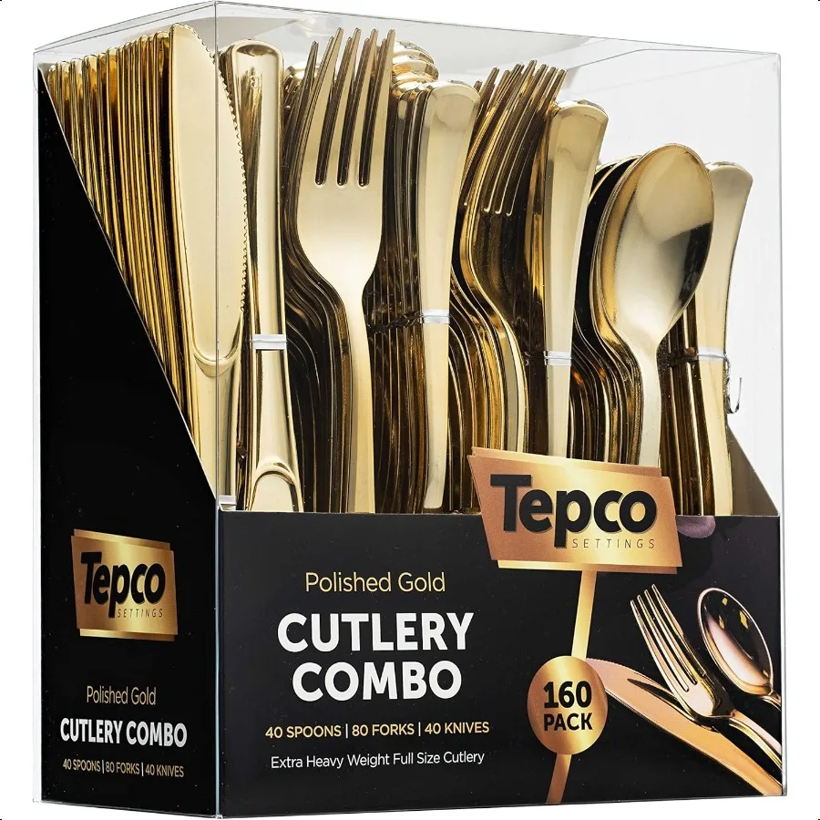 

160 Silverware Set Disposable Flatware 80 Plastic Forks 40 Plastic Spoons 40 Cutlery Knives Heavy Duty for Party Bulk Pack Gold