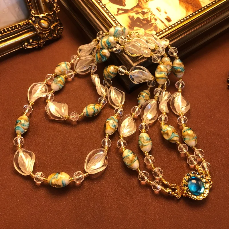 vintage Colorful glass mixed temperament, fashionable mid-length double-layered design necklace earrings