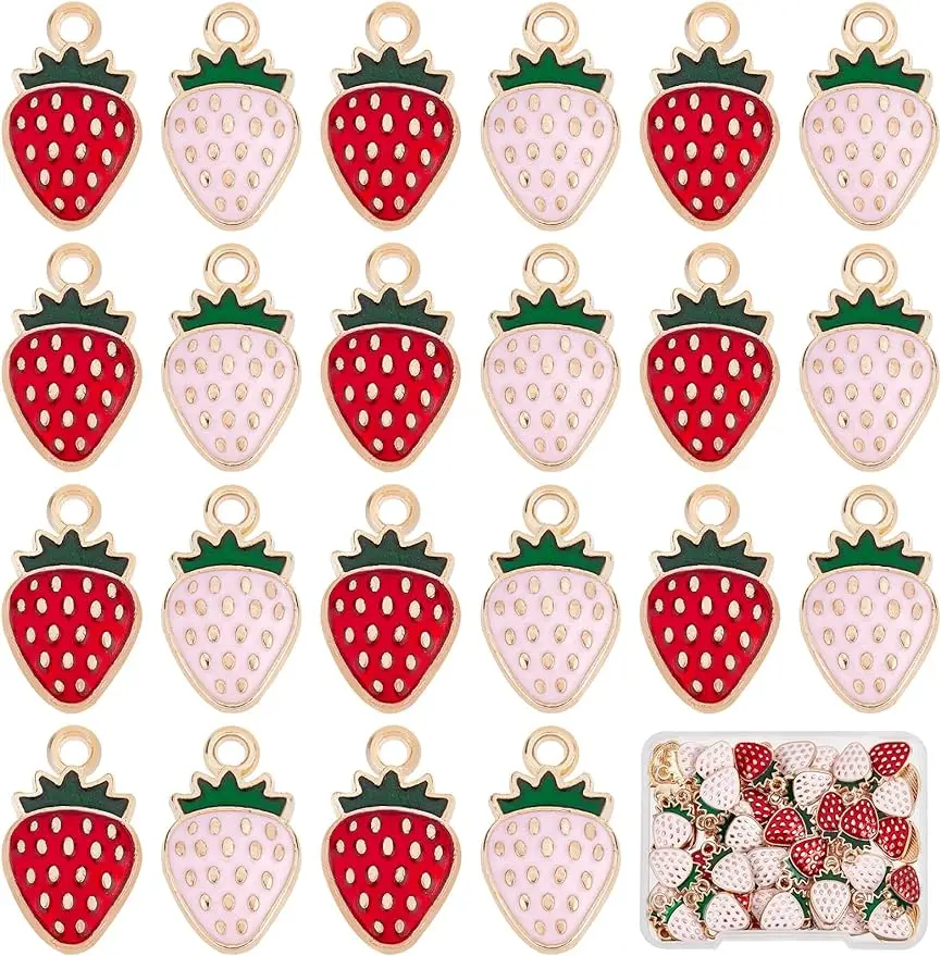 

60Pcs Strawberry Charms Bulk Pink Enamel Strawberries Charm Small Red Strawberry Charms Fresh Fruit Flatback Charms for Jewelry