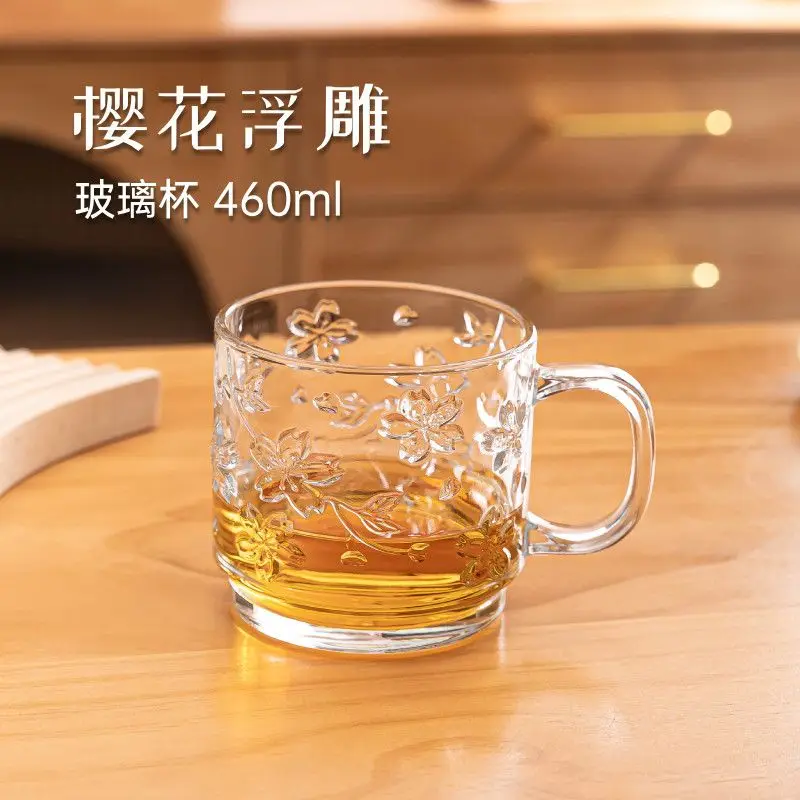 460ml Romantic Cherry Blossom Glass Cup, High Aesthetic Relief Painted Juice Cup, Ladies' Drinking Cup with A Stylish Appearance