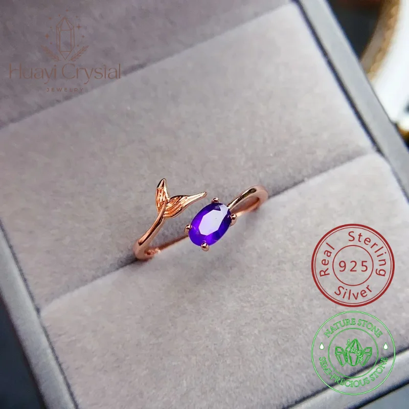 With Certificate Fishtail Open 925 Sterling Silver Ring Set with 4*5mm Natural Amethyst Free Gift Box