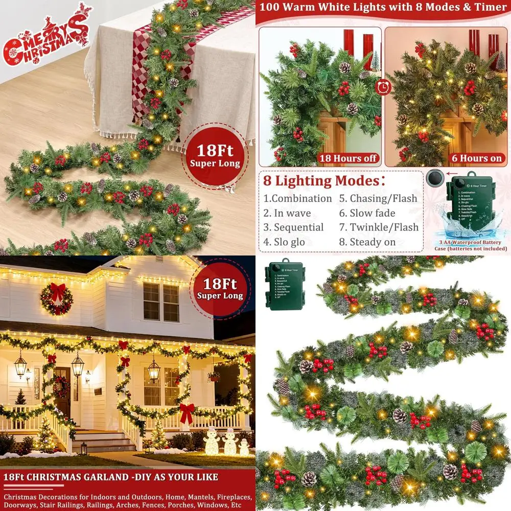 

18ft Pre-Lit Christmas Garland with 100 Warm White Lights, Snowy Branches, Red Berries, and Pinecones for Indoor/Outdoor Use