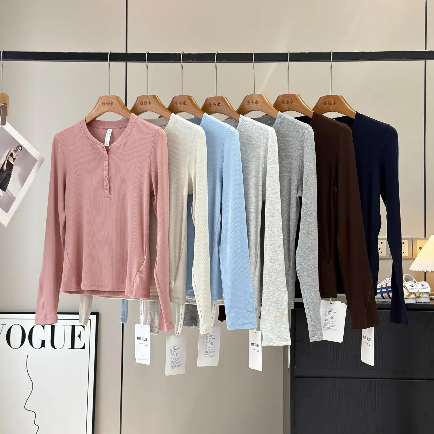 

American Style Long Sleeve T-Shirt Women's Slim Fit Button Front Henry Collar Base Layer Top Cotton Lyocell Polyester Blend